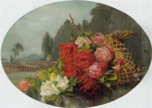 Korb Mit Rosen Vor Parklandschaft by Adele Esinger