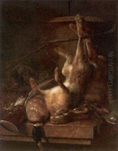 Jagdstilleben Mit Erlegtem Hasen. Ente Und Singvogeln Vor Einer Skulptierten Vase