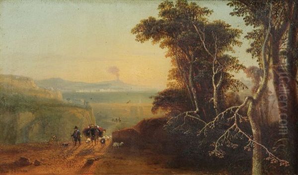 Paysage Aux Environs De Naples Au Coucher De Soleil Anime D'un Berger, D'un Ane Fort Charge Et De Moutons A La Lisiere De La Foret Sur Une Colline Avec Le Vesuve A L'arriere-plan - view 1