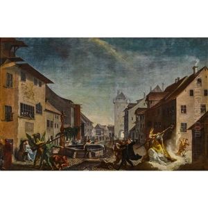 Die Riehentorstrasse Mit Greif, Wildmann, Pfarrer Buxdorf, Lowe Und Heiligem Theodor by Joseph Esperling