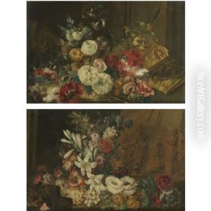A Still Life With Roses, Carnations And Other Flowers Beside Sculpted Reliefs (a Still Life With Lillies, Roses, Morning Glory And Other Flowers Beside Sculpted Ruins; Pair) by Benito Espinos
