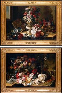Still Life Of Roses, Anemones, Tulips, Stocks, Poppies And Narcissi In A Pottery Vase, With Lilies, Broom, Carnations And Morning Glory Strewn Over A Stone Ledge (+ Another; Pair) by Benito Espinos
