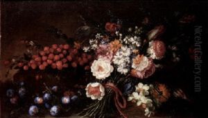 A Still Life Of Strawberries, Plums And A Bouquet Of Flowers Tied With A Red Ribbon by Benito Espinos