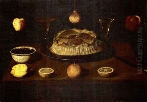 Still Life Of A Meat Pie, Glasses Of Wine, A Bowl Of        Black Olives, Lemons An Apple And A Knife Arranges On A