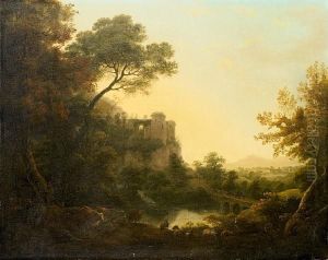 Peasants Grazing Their Cattle In A Wooded River Landscape With A Castle In The Distance