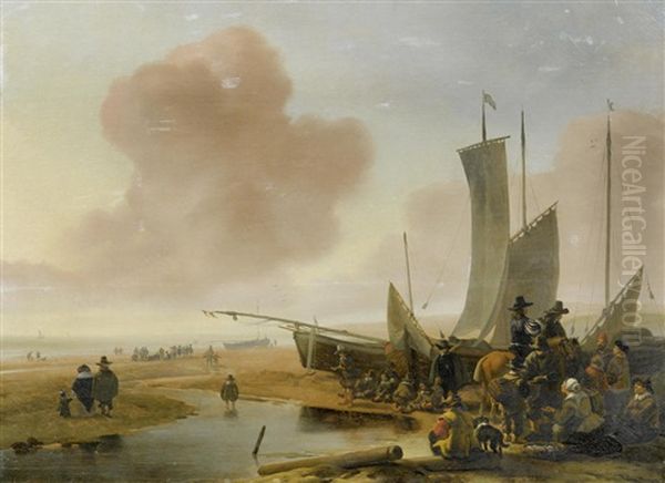 Horsemen On A Beach Buying Fish With Fishing Boats Beyond - view 1