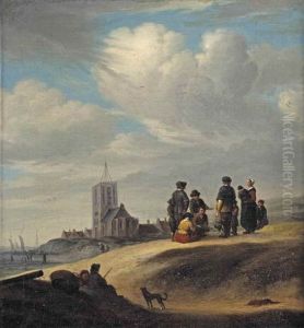 A Group Of Figures Conversing On A Beach Before A Village by Jacob Esselens