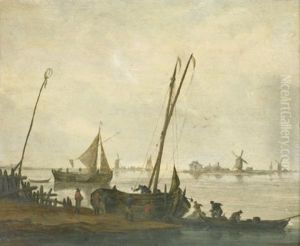 Fishermen Mooring Their Boats On The Bank Of A River by Jacob Esselens
