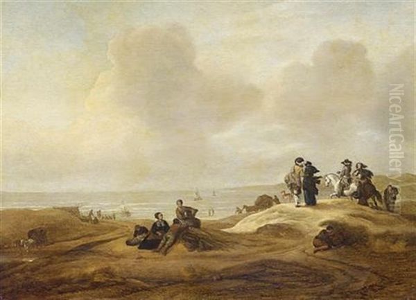 Fisherfolk And Elegant Figures In A Dune Landscape (scheveningen?), A Coastal Inlet Beyond - view 1