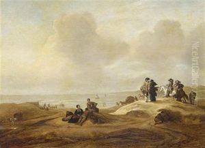 Fisherfolk And Elegant Figures In A Dune Landscape (scheveningen?), A Coastal Inlet Beyond by Jacob Esselens