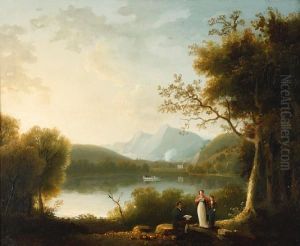 Three Figures By A Lake, With Several Figures In A Rowing Boat, Mountains Beyond by William Ashford