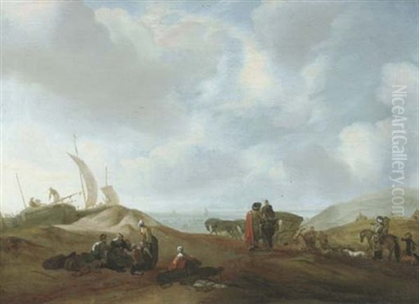 A Dune Landscape With Fisherfolk Resting, Travellers With A Horse And A Carriage And Elegant Figures Beyond - view 1