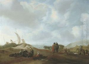 A Dune Landscape With Fisherfolk Resting, Travellers With A Horse And A Carriage And Elegant Figures Beyond by Jacob Esselens