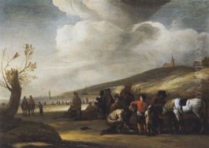 Der Strand Bei Scheveningen, Im Hintergrund Die Heute Noch Bestehende Kirche Von Scheveningen by Jacob Esselens