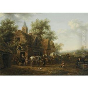 Travellers Resting Outside An Inn, A Boy Tending The Carthorses