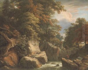 A Wooded River Landscape With A Fisherman On A Rock Casting His Line by William Ashford