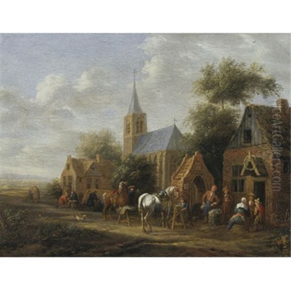 A Village Scene With Figures Conversing Before Cottages And Horses Eating From Mangers - view 1