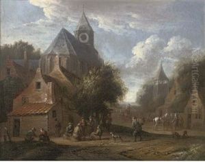 A Village With Boors Smoking Outside A Church