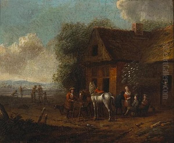 Figures And Horses Outside An Inn In An Extensive Landscape - view 1