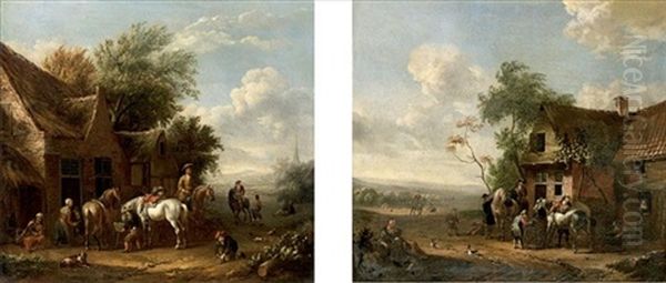 Landscape With Cavaliers Watering Their Horses Outside A Tavern (+ Another, Similar; Pair) - view 1