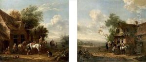 Landscape With Cavaliers Watering Their Horses Outside A Tavern (+ Another, Similar; Pair) by Cornelisz van Essen