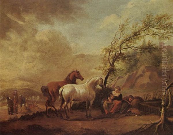 A Landscape With A Woman And Two Children Resting By A Tree Near A Well, Two Horses Nearby - view 1
