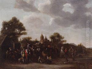 Horsemen And Other Figures Resting Near An Inn, A Village Beyond by Cornelisz van Essen