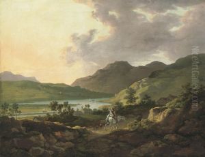 A Mountainous Lake Landscape With Travellers On A Path In The Foreground And Boats On The Lake Beyond by William Ashford