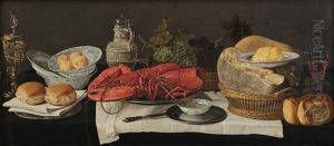 A Goblet, Bread Rolls, Four Tangerines In China Bowls, Two Lobsters On A Pewter Plate, Grapes In A Wicker Basket, Cheese In A Wicker Basket... by Hans van Essen