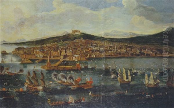Veduta Di Napoli Dal Mare Con Manifestazione Navale Nella Rada - view 1