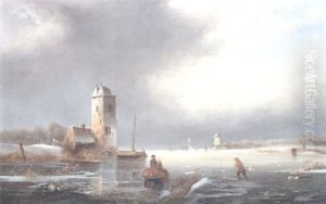 Figures In A Frozen River Landscape by Johannes Cornelis van Essen