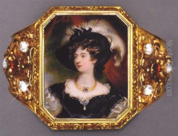 Charlotte, Duchess Of Northumberland, In Black Velvet Dress With White Sleeves And Underdress, Drop-pearl Pendant At Corsage, Gold Choker, Black Hat With Plumes In Her Hair - view 1