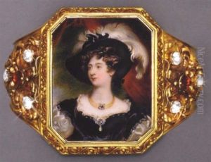 Charlotte, Duchess Of Northumberland, In Black Velvet Dress With White Sleeves And Underdress, Drop-pearl Pendant At Corsage, Gold Choker, Black Hat With Plumes In Her Hair