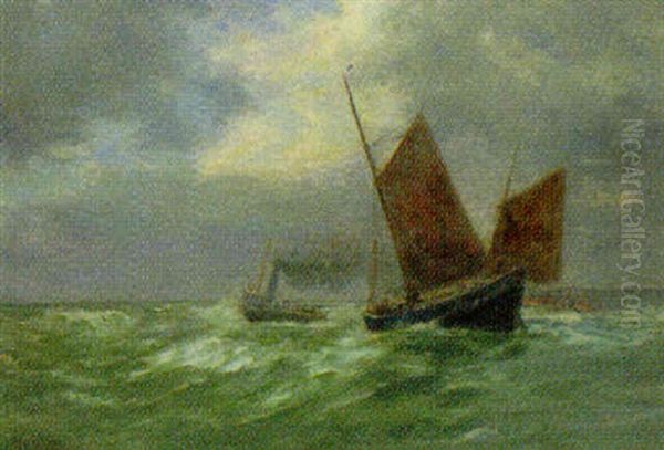 Fischerboot Und Dampfer Auf Bewegter See - view 1