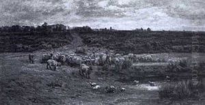 A Moorland Landscape With Sheep And Ducks By A Pond by William Charles Estall