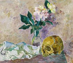 Stillleben Mit Totenkopf Und Pfingstrosen by Felix Esterl