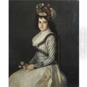 Portrait Of A Young Woman Holding Two Roses by Agustin Esteve Y Marques