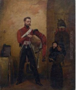 Scene De Genre Representant Un Hussard Donnant Du Pain A Une Jeune Femme Portant Son Enfant by Auguste Estienne