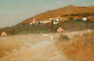 Orientalist Landscape With Figure Walking A Dirt Road Toward A Middle Eastern Town