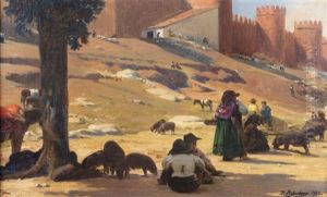 Le Marche Pres Des Remparts A Avila, Espagne by Hubert-Denis Etcheverry