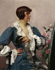 Die Maskerade. Halbportrat Einer Einem Spiegel Zugewandter Dame In Eleganter Robe, In Der Linken Eine Schwarze Maske by Hubert-Denis Etcheverry