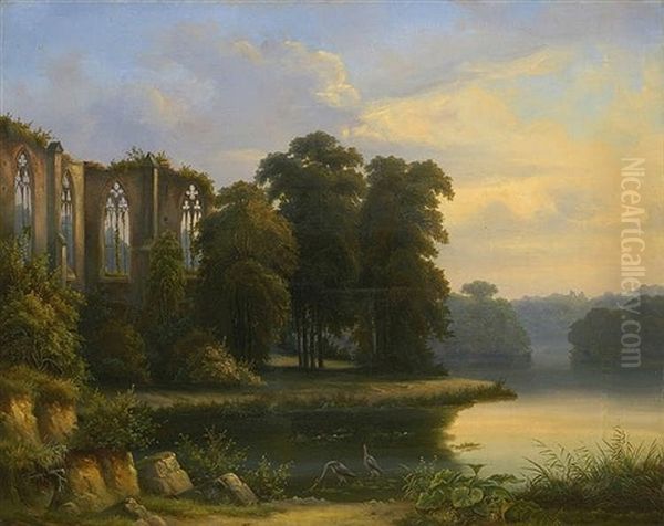 Gothic Church Ruin In Evening River Landscape - view 1