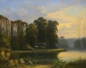 Gotische Kirchenruine In Abendlicher Flusslandschaft
