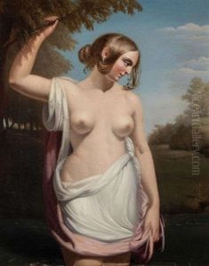 An Untitled Study Of Semi-clad Nude Wading In A Woodland Stream
