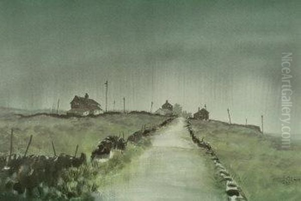Misty Morning Moorland Road With Dwellings - view 1