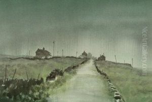 Misty Morning Moorland Road With Dwellings