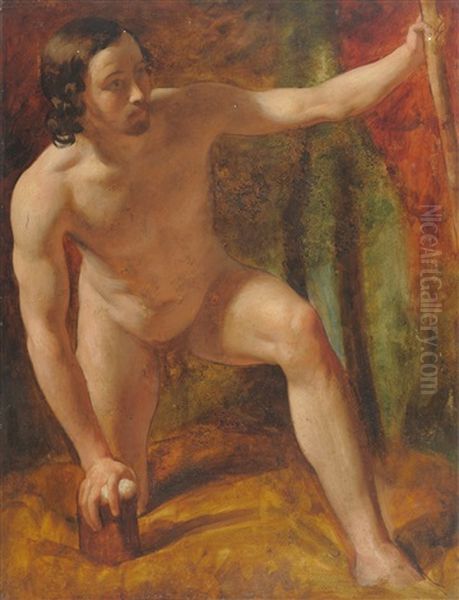 Male Nude, Crouching, His Left Hand Holding A Wooden Staff (study) - view 1