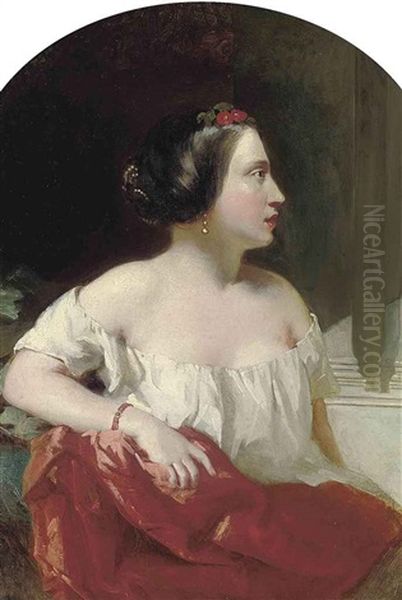 Portrait Of A Lady, In A White Dress With A Red Wrap - view 1