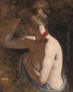 Female Nude, Draped In A Blue Wrap With A Red Scarf Around Her Neck (study) by William Etty