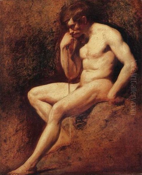 Male Nude, Seated, Holding A Staff - view 1
